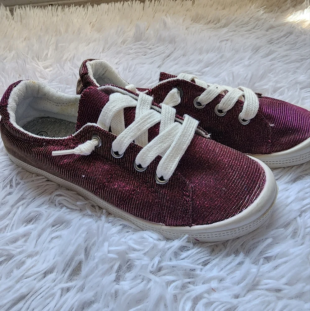 Burgundy Girls Sparkly Canvas Shoes